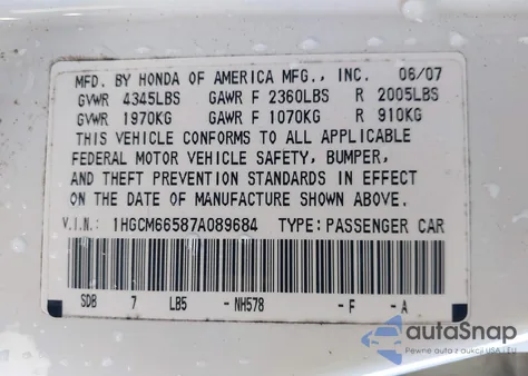 2007 Honda Accord 3.0 Ex z USA, uszkodzony, nr VIN 1HGCM66587A089684